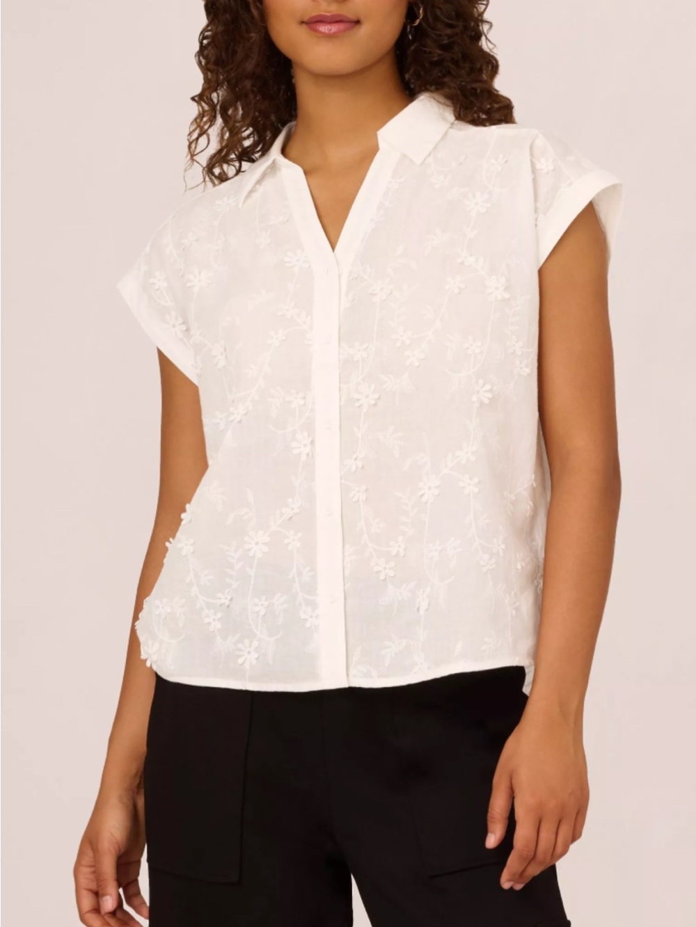 Adrianna Papell White Embroidered Short-Sleeve Button Front Top. XL